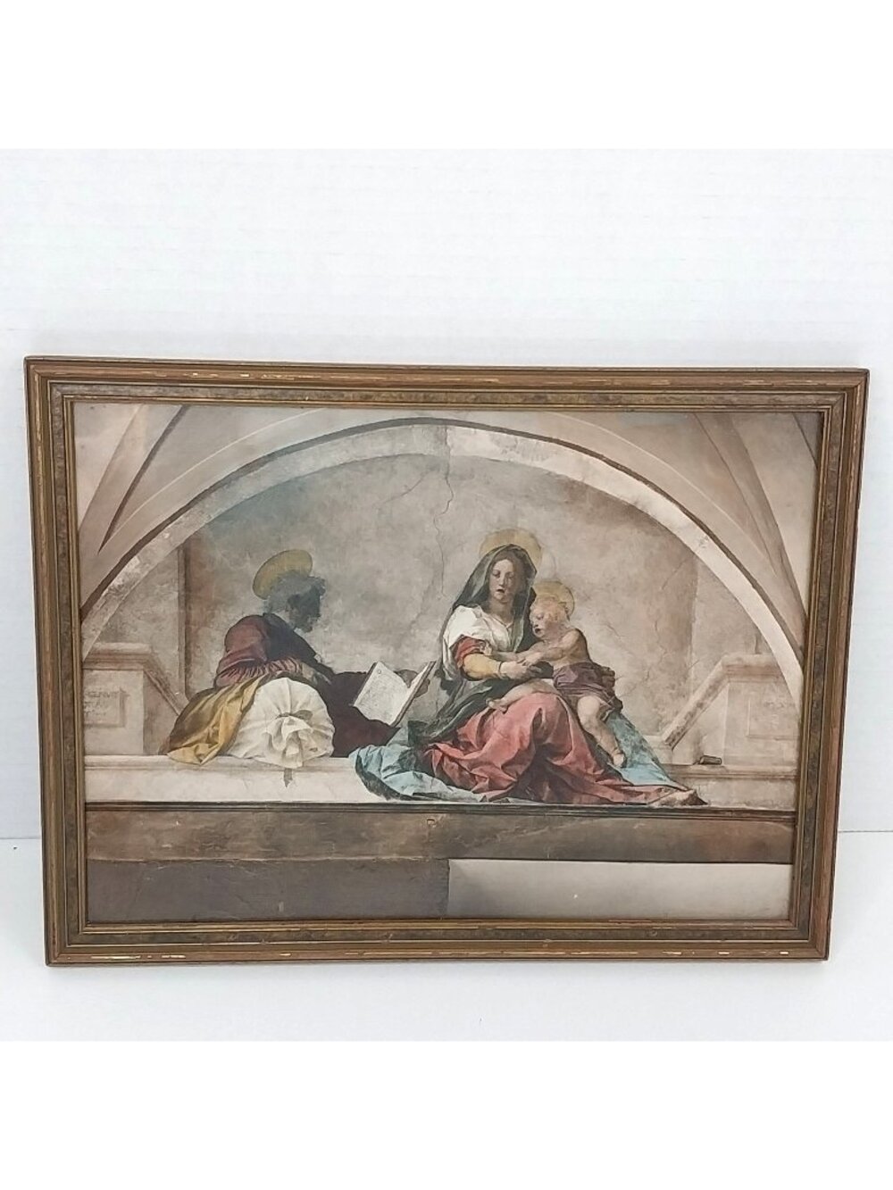 Vintage Framed Religious Art Print Madonna del Sacco In Faux Wood Frame 10" x 8"